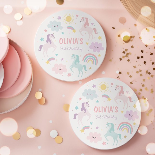 Födelsedagsfesten Magic Pastel Unicorn Rainbow Underlägg Papper Rund (Skapare uppladdad)