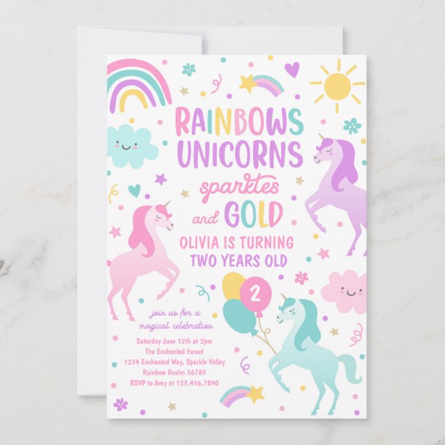 Födelsedagsfesten Magic Rainbow Pastel Unicorn Inbjudningar (Framsida)