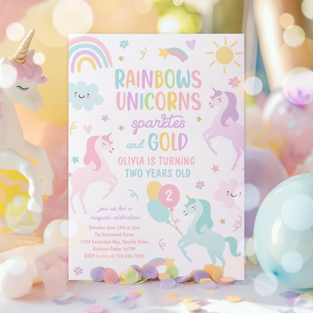 Födelsedagsfesten Magic Rainbow Pastel Unicorn Inbjudningar (Skapare uppladdad)