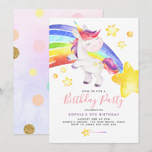 Födelsedagsfesten Magic Rainbow Unicorn Watercolor Inbjudningar