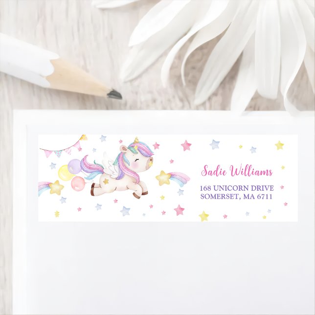 Födelsedagsfesten Magic Unicorn Rainbow Returadress Etikett (Skapare uppladdad)