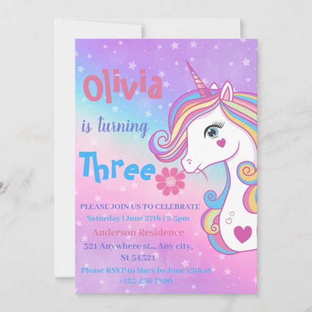 Födelsedagsfesten Magic Unicorns Rainbow Watercolo Inbjudningar (Framsida)