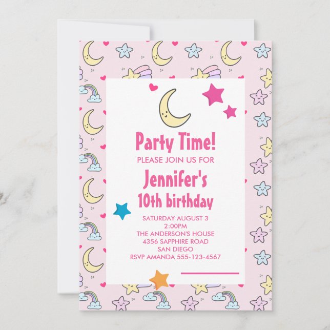 Födelsedagsfesten måne, Stars och Clouds Mönster Inbjudningar (Framsida)