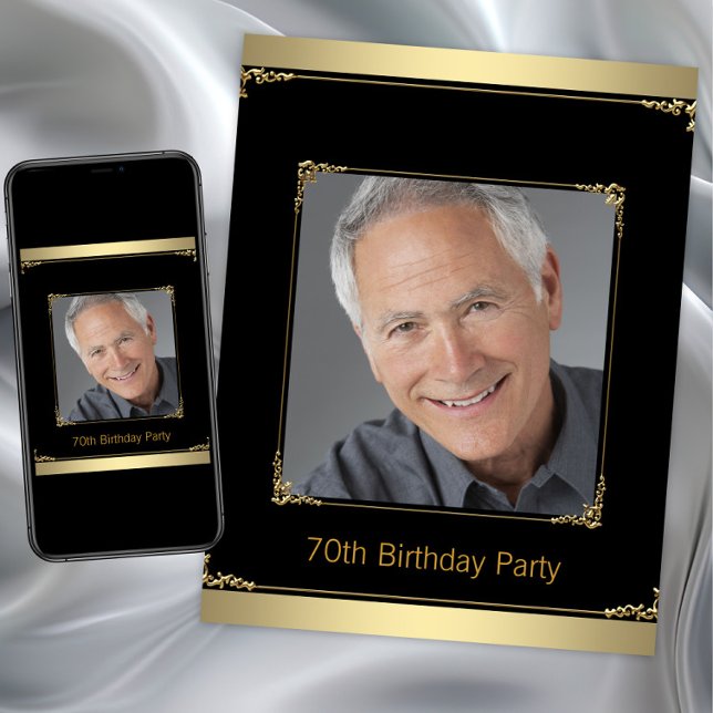 Födelsedagsfesten Mans Black och Guld Inbjudningar (Mans black gold any birthday party invitation. Instant download and printed invitations available.)