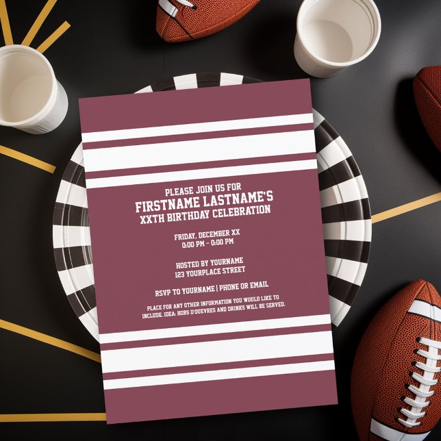 Födelsedagsfesten Maroon and White Jersey Rand Inbjudningar (Birthday Party Invitation - Sports Theme - Football Party Invitation)