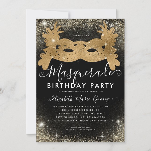 Födelsedagsfesten Masquerad Black Guld Glitter Dus Inbjudningar (Framsida)