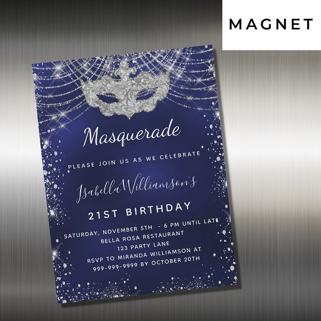 Födelsedagsfesten Masquerad navy blue silver Magnetisk Inbjudningskort (Skapare uppladdad)