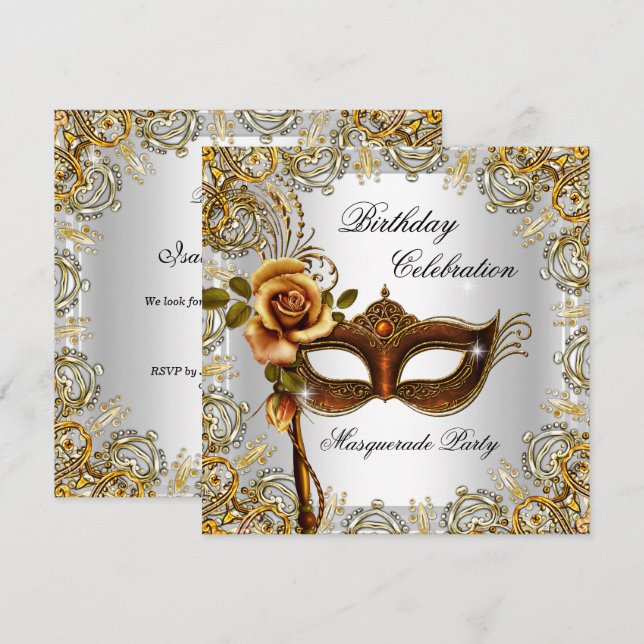 Födelsedagsfesten MasqueraGuld Mask Inbjudningar (Fram/baksida)
