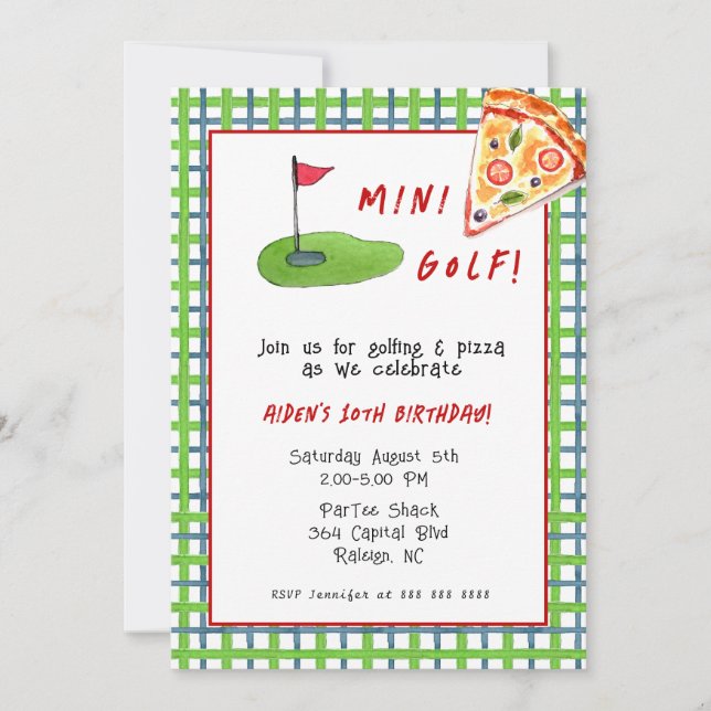 Födelsedagsfesten Mini Golf & Pizza Kid Inbjudningar (Framsida)
