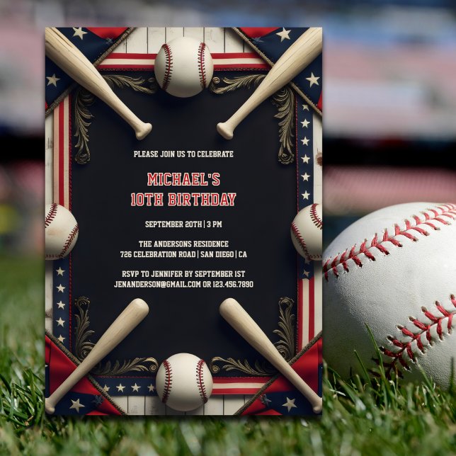 Födelsedagsfesten Modern Black Boys Sport Baseball Inbjudningar (Baseball Birthday Invitation – All-Star 10th Birthday Party for Kids Invitation)