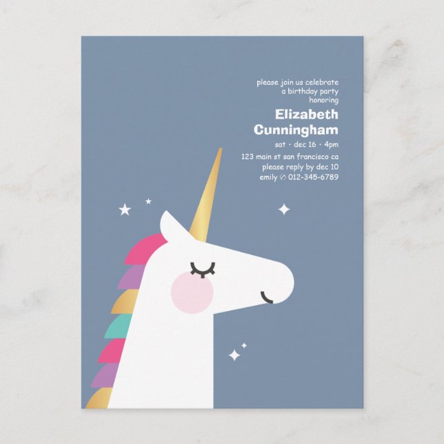 Födelsedagsfesten Modern Cute Rainbow Unicorn Inbjudan Vykort (Framsida)