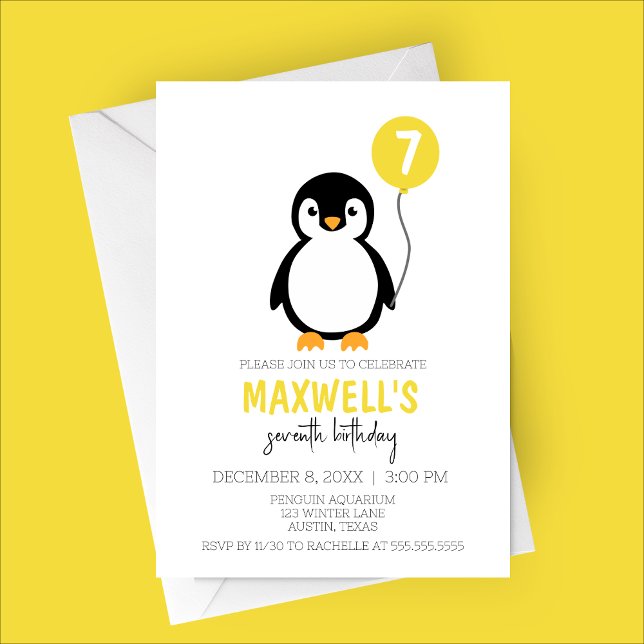 Födelsedagsfesten Modern Minimalist Penguin Winter Inbjudningar (Yellow Minimalist Modern Penguin Winter Birthday Party Invitation)