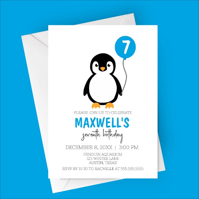 Födelsedagsfesten Modern Minimalist Penguin Winter Inbjudningar (Blue Modern Minimalist Penguin Birthday Party Invitation | Winter Brithdays)
