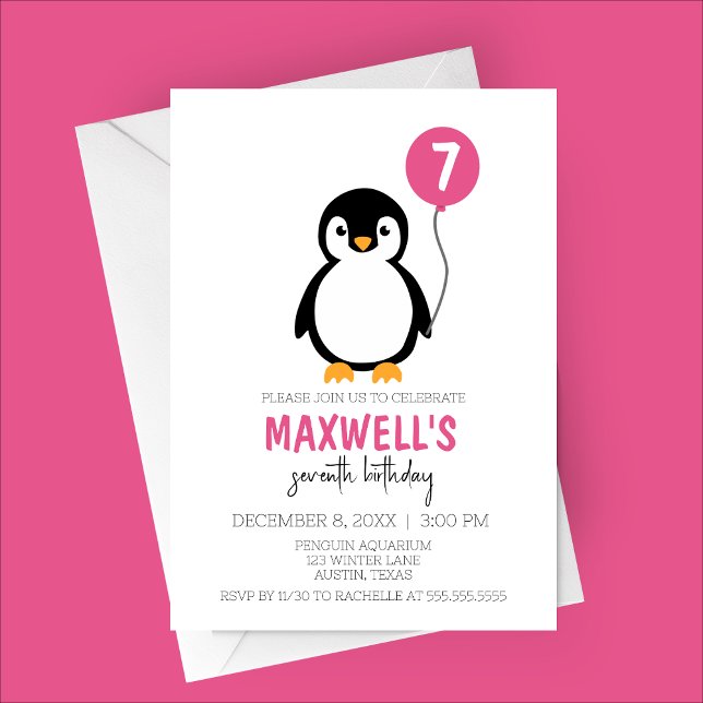 Födelsedagsfesten Modern Minimalist Penguin Winter Inbjudningar (Pink Modern Minimalist Penguin Winter Birthday Party Invitation)