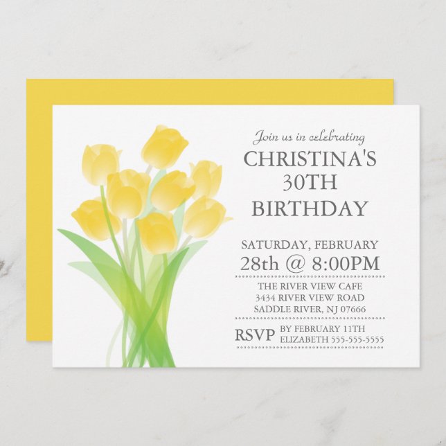 Födelsedagsfesten Modern Typograf Tulip Flowers Inbjudningar (Fram/baksida)
