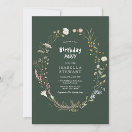 Födelsedagsfesten mörk grönt Watercolor Wildblomma Inbjudningar