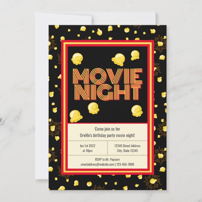 Födelsedagsfesten Movie Night - Marquee Popcorn Inbjudningar (Framsida)