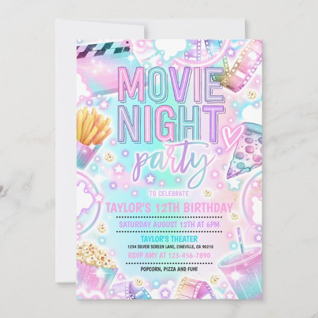 Födelsedagsfesten Movie Night Pastel Rainbow Movie Inbjudningar (Framsida)