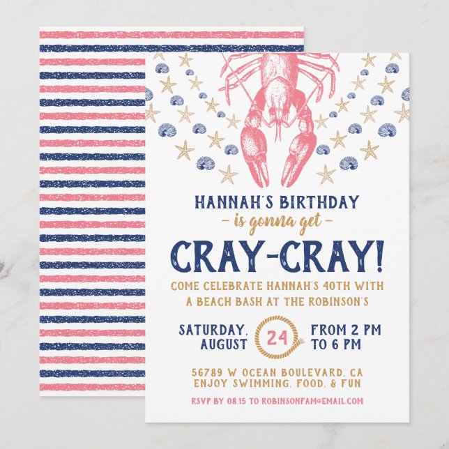 Födelsedagsfesten Nautical Beach Crayfish Coral Na Inbjudningar (Fram/baksida)