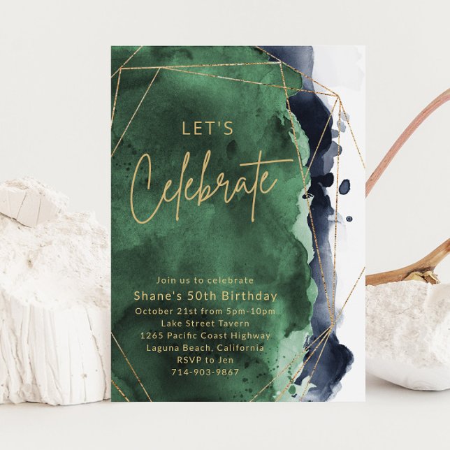 Födelsedagsfesten Navy Blue och Emerald Watercolor Inbjudningar (Skapare uppladdad)