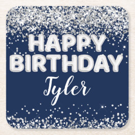 Födelsedagsfesten Navy Blue Silver Underlägg Papper Kvadrat