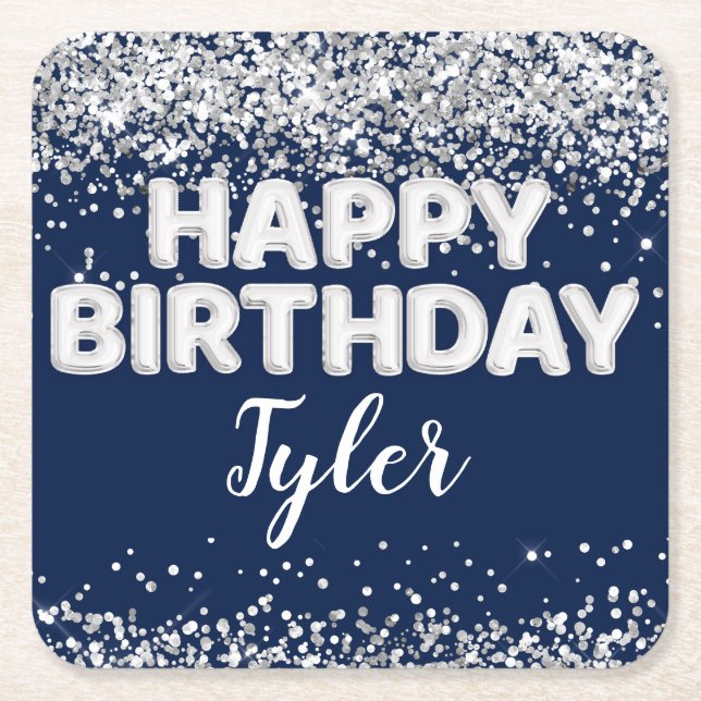 Födelsedagsfesten Navy Blue Silver Underlägg Papper Kvadrat (Framsidan)