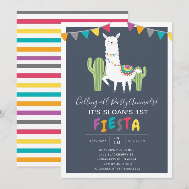 Födelsedagsfesten Navy Llama Fiesta Inbjudningar (Fram/baksida)