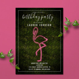 Födelsedagsfesten Neon Flamingo Boxwood Inbjudningar