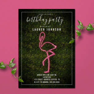 Födelsedagsfesten Neon Flamingo Boxwood Inbjudningar