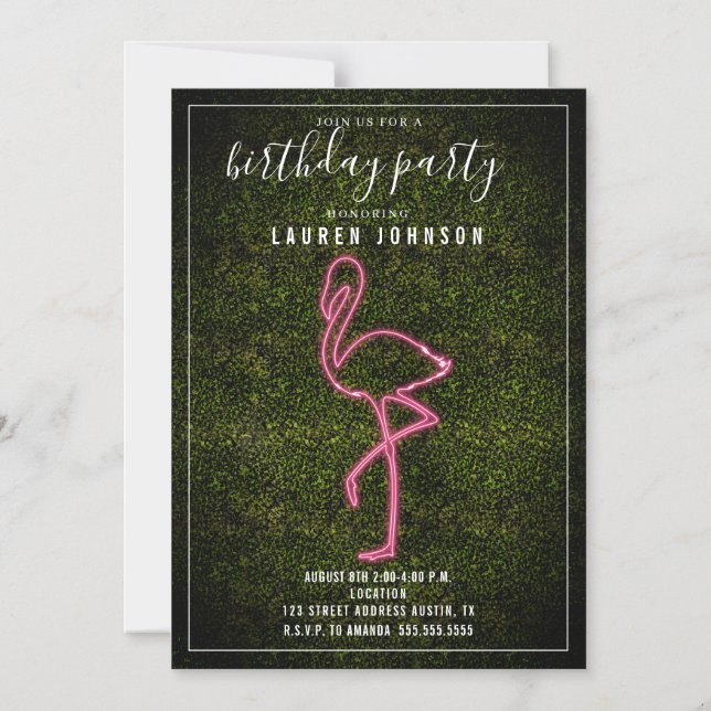 Födelsedagsfesten Neon Flamingo Boxwood Magnetisk Inbjudningskort (Framsida)