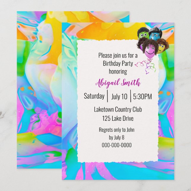 Födelsedagsfesten Neon People Balloons Inbjudningar (Fram/baksida)