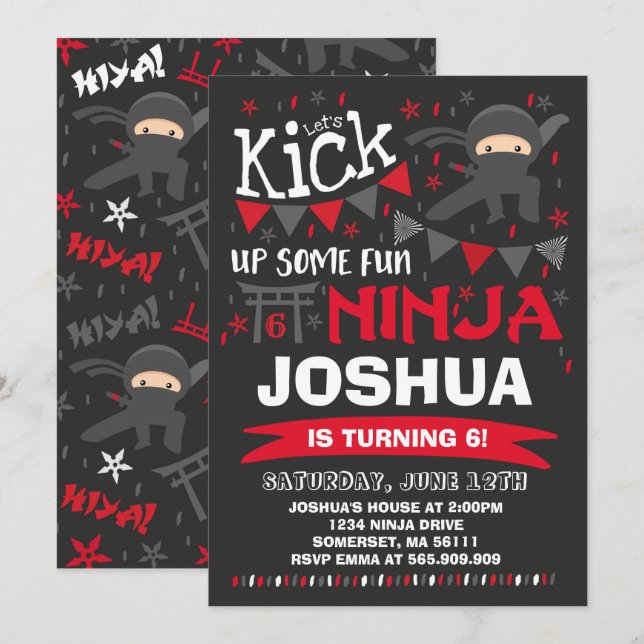 Födelsedagsfesten Ninja Birthday bjudande Karate Inbjudningar (Fram/baksida)