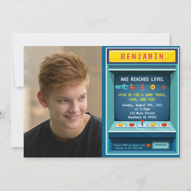 Födelsedagsfesten Nivå upp Arcade Game Bild Inbjudningar (Framsida)