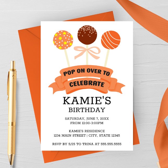 Födelsedagsfesten orange Cake Pops Inbjudningar (Skapare uppladdad)