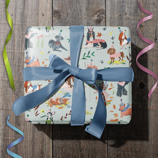 Födelsedagsfesten Pawty Blue Hund Puppy Presentpapper (Lets Pawty Blue Dog Puppy Birthday Party Wrapping Paper)