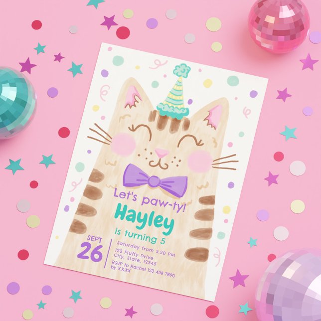 Födelsedagsfesten Pawty Cute Kattunge Ansikte Inbjudningar (Let’s Pawty Cute Kitty Cat Face Birthday Party Invitation)