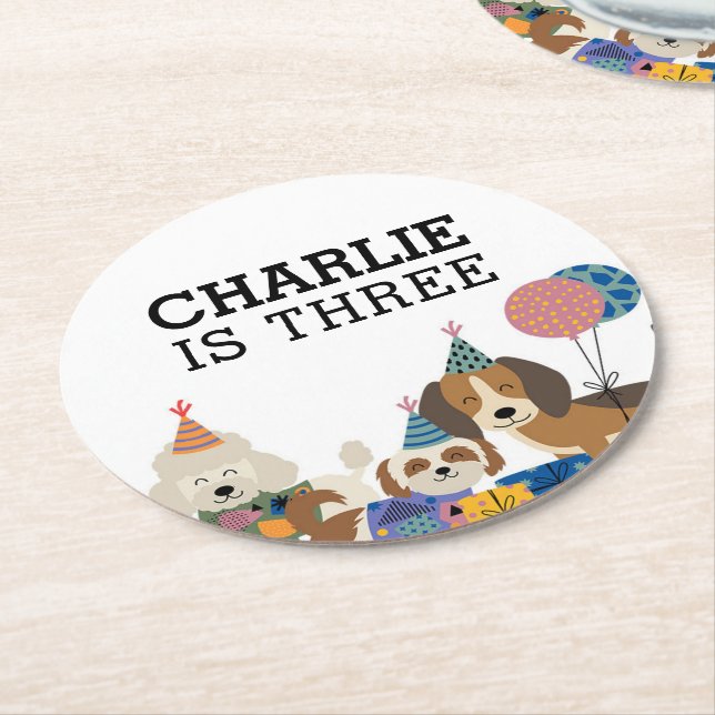 Födelsedagsfesten Pawty Hund Puppy Underlägg Papper Rund (Vinklad)