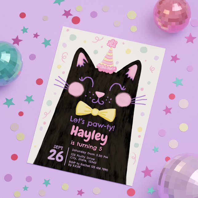 Födelsedagsfesten Pawty Kattunge Black Cat Ansikte Inbjudningar (Let’s Pawty Kitty Black Cat Face Birthday Party Invitation)