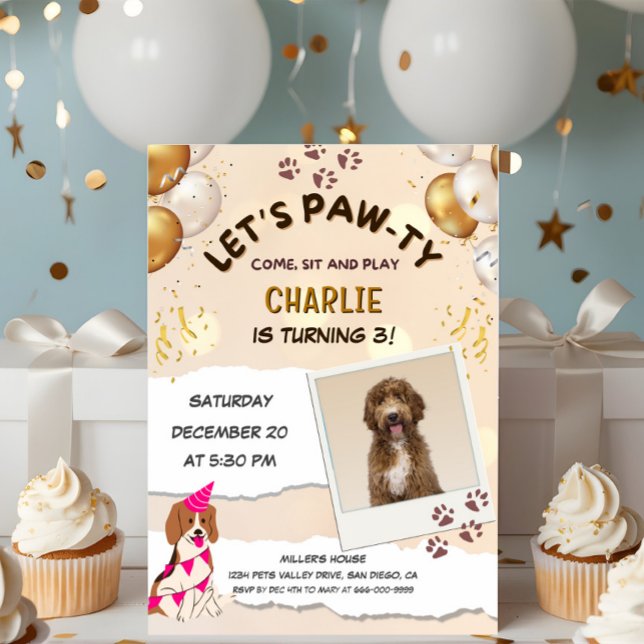 Födelsedagsfesten Pawty Puppy Hund Photo Inbjudningar (Lets pawty pets birthday invitation)