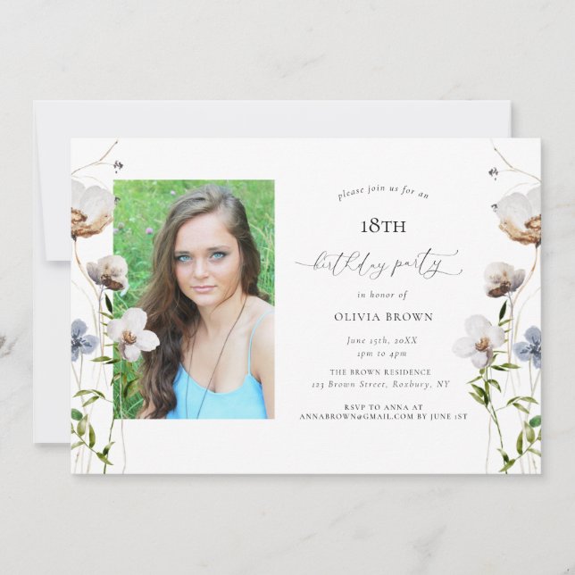 Födelsedagsfesten Peach Wildblomcalligraphy Inbjudningar (Framsida)