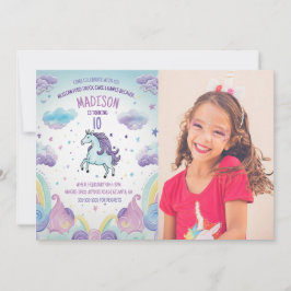 Födelsedagsfesten Photo Blue och Lila Unicorn Inbjudningar