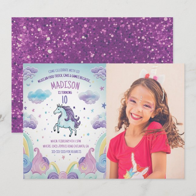 Födelsedagsfesten Photo Blue och Lila Unicorn Inbjudningar (Fram/baksida)