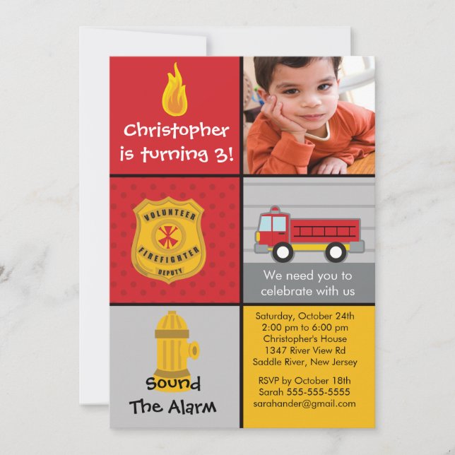 Födelsedagsfesten Photo Fireman Boy FireLastbil Inbjudningar (Framsida)