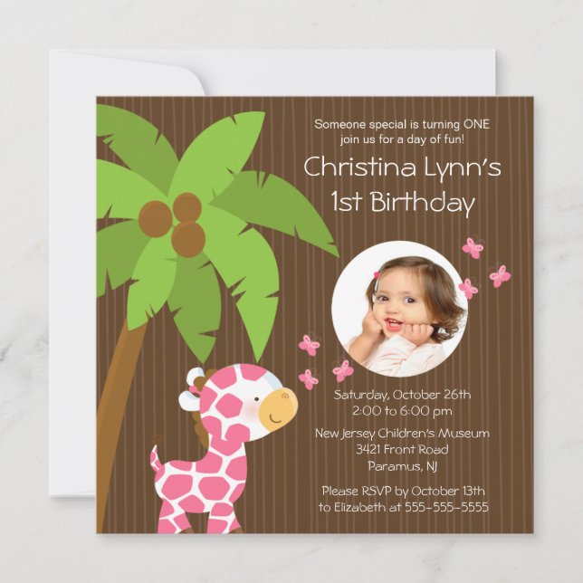 Födelsedagsfesten Photo Safari Jungle Giraffe Kid Inbjudningar (Framsida)
