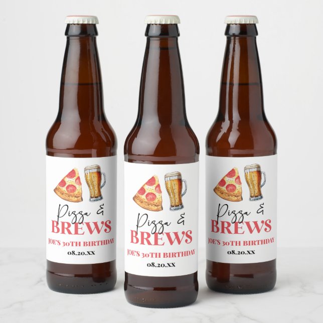 Födelsedagsfesten Pizza och Brews Beer Glass Ölflaska Etikett (Flaskor)