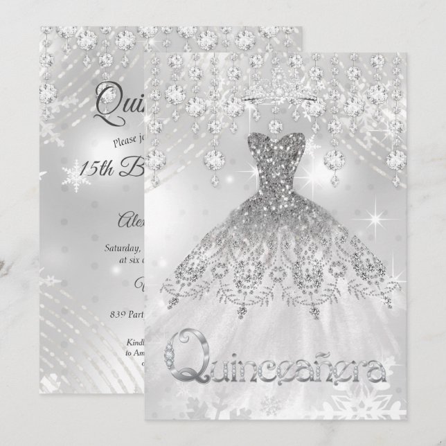 Födelsedagsfesten Quinceanera Silver Glitter Gown Inbjudningar (Fram/baksida)
