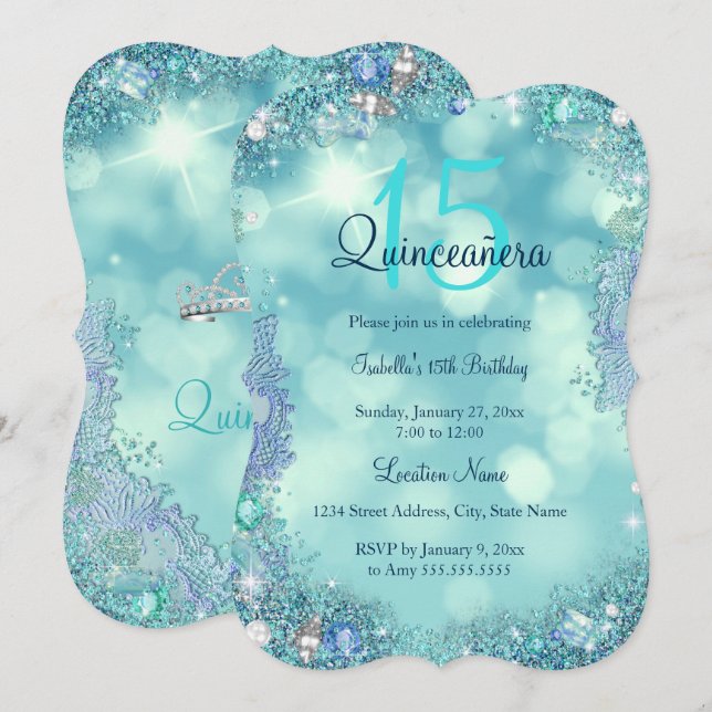 Födelsedagsfesten Quinceanera Teal Blue Ocean Himl Inbjudningar (Fram/baksida)