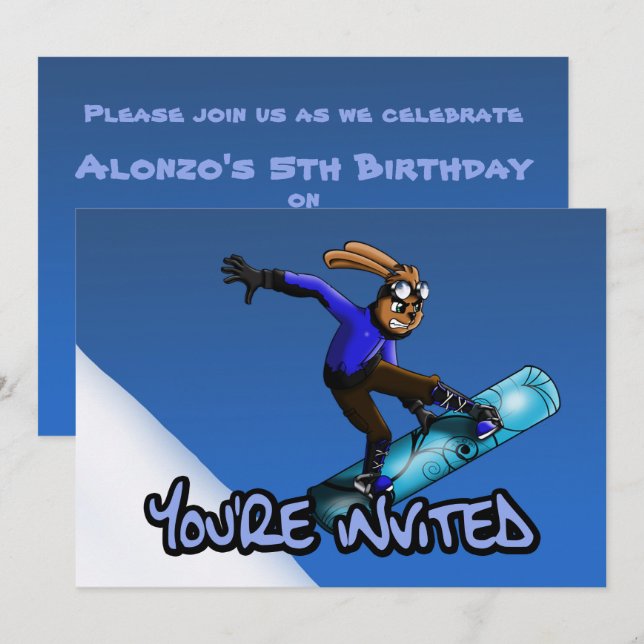 Födelsedagsfesten Rabbit Snowboarder Inbjudningar (Fram/baksida)