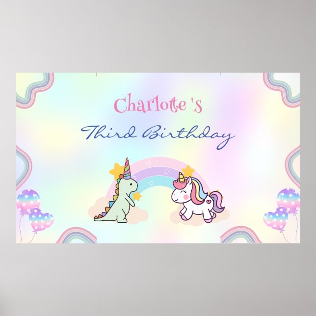 Födelsedagsfesten Rainbow Unicorn & Dinosaur Frien Poster (Framsidan)