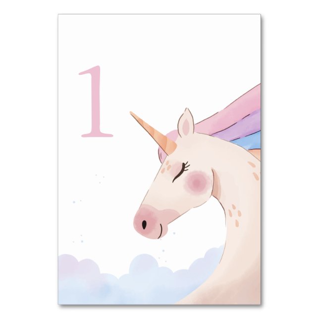 Födelsedagsfesten Rainbow Watercolor Unicorn | Bordsnummer (Framsidan)